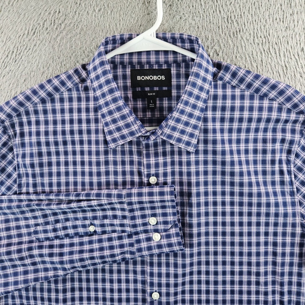 Bonobos Mens Slim Fit Long Sleeve Plaid Button Down Shirt Navy Purple Large